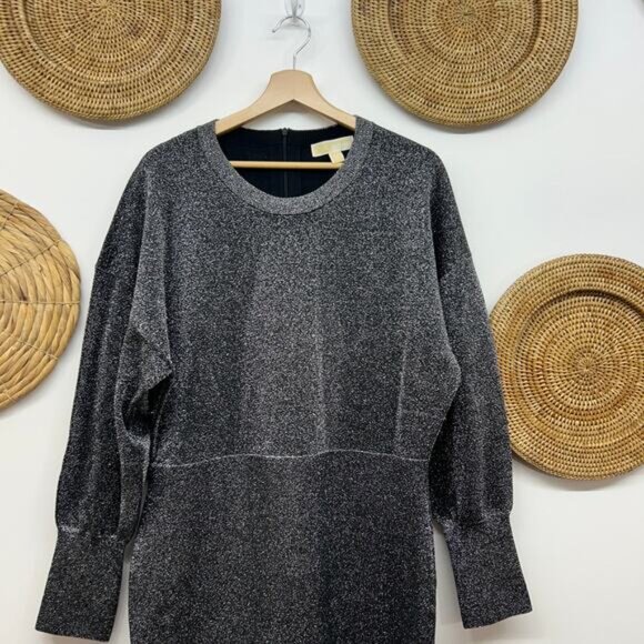 NEW $175 Michael Kors Black Silver Sparkle Long Sleeve Knit Mini Dress XL - Picture 3 of 7